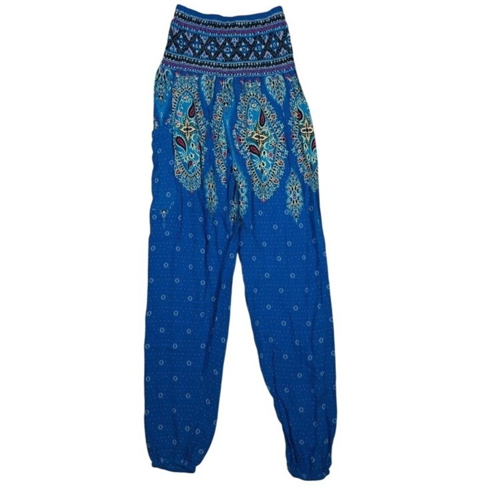 Lofbaz Blue Paisley Smocked Waist Harem Pants Womens Small Boho Yoga Joggers
